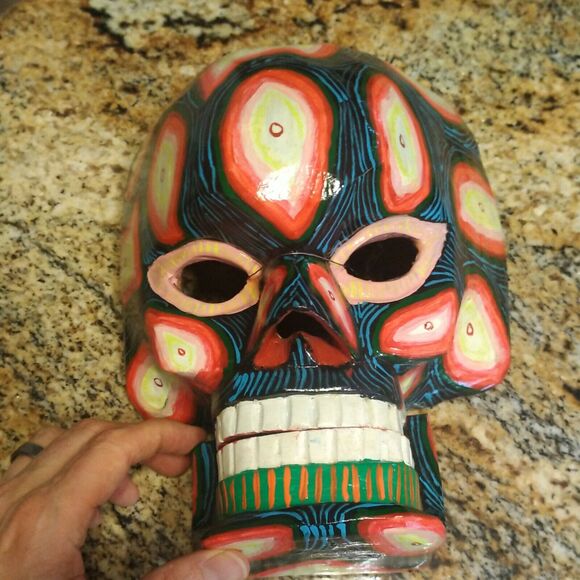 GUATEMALAN MEXICAN MOVABLE SKULL MASK TRANSFORMATION WOODEN FOLK ART HAND CARVED - Picture 3 of 12